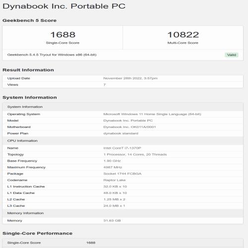 英特尔酷睿 i7-1370P 处理器现身 Geekbench